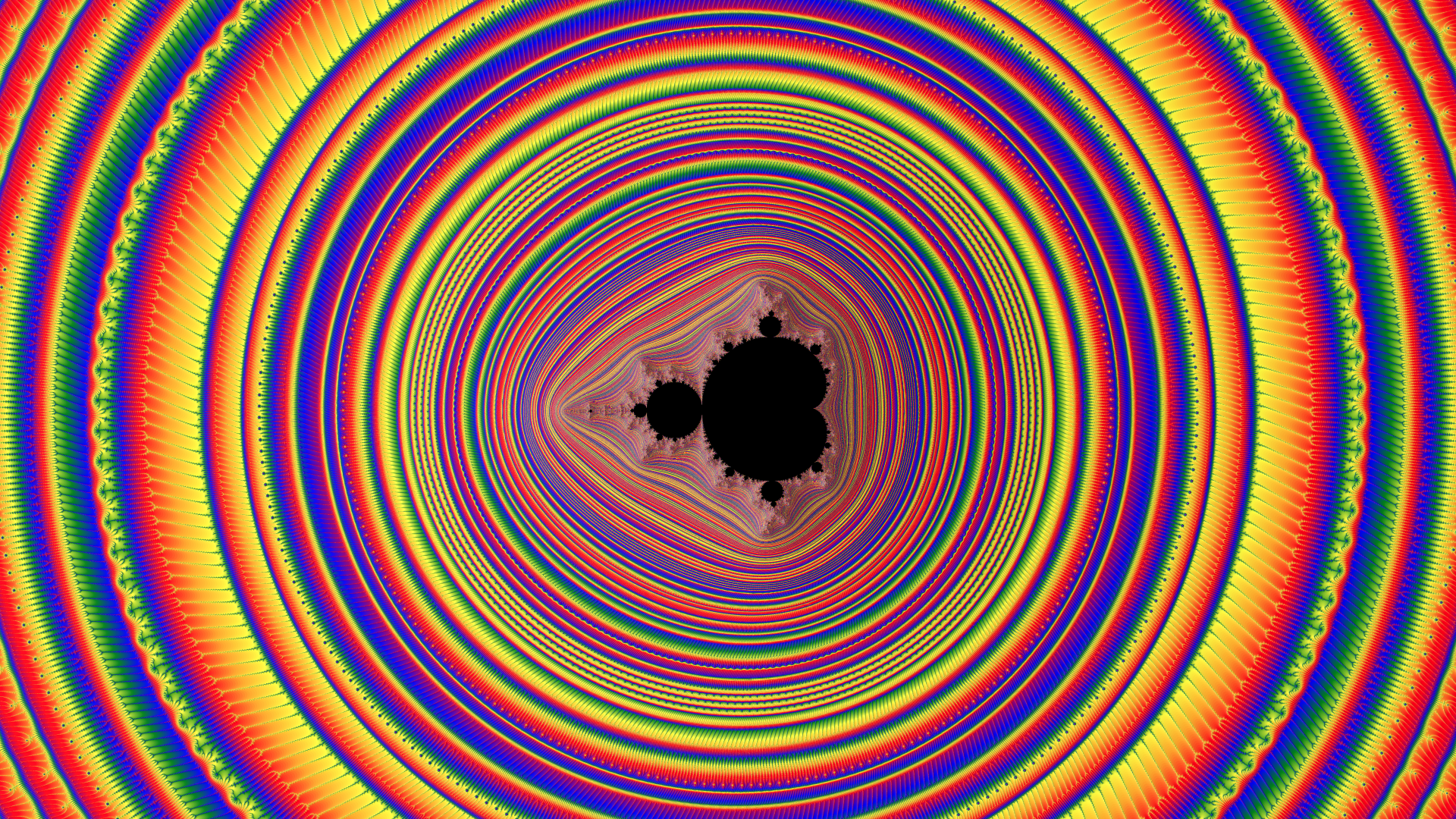 a mandelbrot fractal render with the colors of the gay pride flag